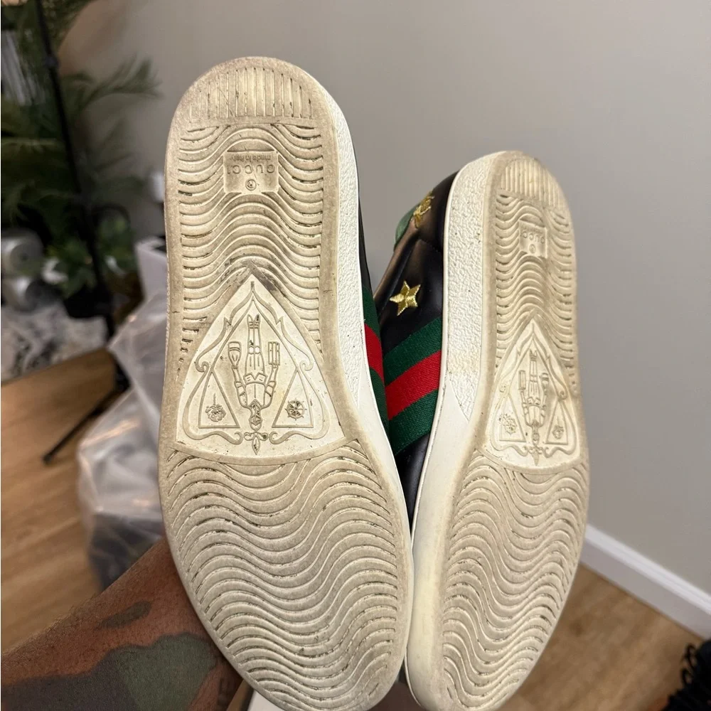 Gucci Black Leather Sneakers with Red-Green Web and Metallic Green Heel - Picture 4 of 5